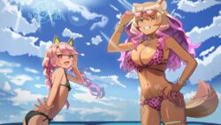  2girls animal_ears bikini black_bikini bracelet braid breasts brown_eyes brown_hair chloe_von_einzbern chloe_von_einzbern_(swimsuit_avenger) chloe_von_einzbern_(swimsuit_avenger)_(second_ascension) fate/grand_order fate/kaleid_liner_prisma_illya fate_(series) flat_chest fox_ears fox_tail gradient_background hand_on_own_hip highres jewelry large_breasts lens_flare long_hair motukan multiple_girls navel okita_j._souji_(fate) okita_souji_(fate) pink_bikini pink_hair pink_nails red_eyes sunglasses suzuka_gozen_(fate) suzuka_gozen_(swimsuit_rider)_(fate) suzuka_gozen_(swimsuit_rider)_(second_ascension)_(fate) swimsuit tail tan twin_braids 