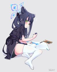  animal_ear_fluff animal_ears bangs black_dress black_hair black_panties blue_archive blunt_bangs china_dress chinese_clothes crayon drawing dress green_eyes halo highres hizikit looking_at_viewer on_floor panties short_sleeves shun_(kid)_(blue_archive) thighhighs tiger_ears tiger_girl underwear white_legwear younger 