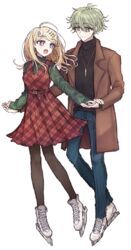  1boy :d akamatsu_kaede alternate_costume amami_rantaro black_sweater brown_jacket brown_legwear danganronpa_(series) danganronpa_v3:_killing_harmony dress fc_(efushii) female full_body green_sweater hair_between_eyes hair_ornament holding_hands ice_skates jacket jewelry long_hair looking_at_another messy_hair musical_note musical_note_hair_ornament necklace open_clothes open_jacket pants pantyhose pink_eyes plaid plaid_dress red_dress shoes skates smile sweater 