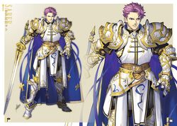  1boy angry armor arondight_(fate) artist_name azusa_(hws) belt blue_cape cape cross fate/grand_order fate_(series) full_body gauntlets holding holding_sword holding_weapon lancelot_(fate/grand_order) leg_armor long_sleeves looking_to_the_side male_focus purple_eyes purple_hair short_hair shoulder_pads signature simple_background sword weapon 