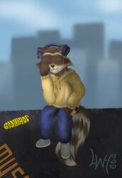  2018 anthro arm_support black_nose bottomwear brown_body brown_fur chillhop chillhop_raccoon city cityscape closed_eyes clothed clothing electronics fully_clothed fur graffiti headphones hi_res holding_object hoodie male mammal markings multicolored_body multicolored_fur outside pants plantigrade procyonid raccoon resting_arm ring_(marking) sitting smile solo tan_body tan_fur topwear two_tone_body two_tone_fur wenqu0304 