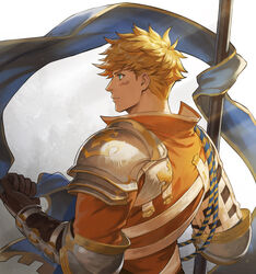  1boy armor back banner bara blonde_hair blood blue_eyes bruise bruise_on_face elbow_pads flag from_behind gloves gradient_background granblue_fantasy highres holding holding_flag injury light long_sleeves looking_to_the_side male_focus muscular muscular_male nape orange_shirt rope saku_(sakudeji) shirt short_hair shoulder_pads simple_background solo the_dragon_knights upper_body vane_(granblue_fantasy) 