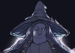  black_background blue_eyes blue_hair blue_skin close-up closed_mouth colored_sclera colored_skin cool_s elden_ring female hat light_smile long_hair looking_at_viewer meme one_eye_closed ranni_the_witch shroomjak simple_background solo tyrone upper_body witch_hat 