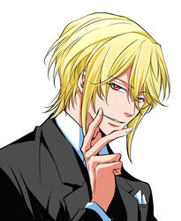  1boy blonde_hair formal hair_between_eyes male_focus medium_hair pocket_square simple_background sisido_(black_candy) solo suit upper_body white_background william_james_moriarty yuukoku_no_moriarty 