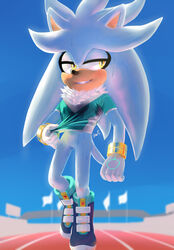  2020 absurd_res anthro black_nose blue_sky bodily_fluids clothed clothing day eulipotyphlan featureless_crotch footwear fur gloves handwear hedgehog hi_res krazyelf mammal multicolored_clothing multicolored_footwear outside sega shirt silver_the_hedgehog sky solo sonic_the_hedgehog_(series) sweat teeth topwear wet wet_clothing wet_shirt wet_topwear yellow_eyes 