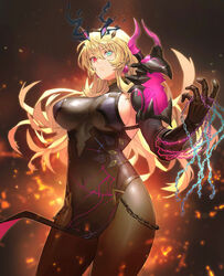  armor bare_shoulders barghest_(fate) barghest_(second_ascension)_(fate) black_dress blonde_hair blue_eyes breasts brown_pantyhose chains dress earrings embers fate/grand_order fate_(series) female gauntlets heterochromia highres horns jewelry large_breasts long_hair looking_at_viewer otsukemono pantyhose pauldrons pelvic_curtain red_eyes shoulder_armor sideboob single_gauntlet single_pauldron solo thighs 