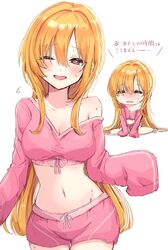  absurdres blonde_hair blush chibi crop_top female groin hair_between_eyes hair_over_one_eye highres idolmaster idolmaster_cinderella_girls kudou_(sikisiki0000) kurosaki_chitose long_hair long_sleeves looking_at_viewer multiple_views navel open_mouth pink_shorts red_eyes shorts simple_background sitting smile sweat translated very_long_hair white_background 