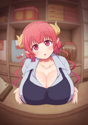  1girls 2021 apron bangs big_breasts blush breasts breasts_on_table cleavage clerk clothed clothed_female cute dragon_girl dragon_horns dragon_maid eyebrows_visible_through_hair female female_focus female_only fisheye_lens heart horns huge_breasts ilulu_(dragon_maid) indoors large_breasts long_hair looking_at_viewer miss_kobayashi&#039;s_dragon_maid pink_eyes pink_hair pointy_ears ponpo ponponmaru ponpuramu pov pov_eye_contact presenting_breasts shiny_skin shirt shortstack slit_pupils smile solo solo_female store twintails wholesome 