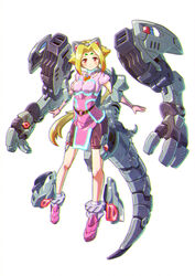  absurdres bike_shorts blonde_hair breasts cosplay female fiona_(zoids) highres ibuki_sakura_(sgw_v07) long_hair looking_at_viewer low_ponytail mecha_musume mechanical_ears mechanical_tail open_hands pink_footwear pink_shirt purple_shorts red_eyes shirt shorts small_breasts solo tail white_background zeke_(zoids) zeke_(zoids)_(cosplay) zoids zoids_chaotic_century 