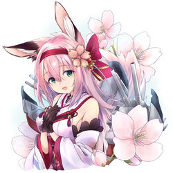  animal_ears azur_lane bare_shoulders black_gloves breasts cherry_blossoms commentary_request female flower fox_ears fox_girl gloves green_eyes hair_between_eyes hair_flower hair_ornament hairband hanazuki_(azur_lane) highres japanese_clothes kimono long_hair looking_at_viewer minosu open_mouth pink_hair rigging sidelocks simple_background smile solo upper_body white_background 