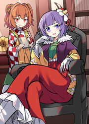  2girls agatha_chris_q_outfit_(touhou) apron bell blunt_bangs blush book capelet chair checkered_clothes checkered_kimono closed_mouth crossed_legs e.o. elbow_gloves floral_print flower forbidden_scrollery frilled_apron frilled_skirt frills fur-trimmed_capelet fur_trim gloves green_kimono green_skirt hair_bell hair_flower hair_ornament hieda_no_akyuu highres holding holding_book holding_pen indoors japanese_clothes jingle_bell kimono library long_skirt long_sleeves motoori_kosuzu multiple_girls nib_pen_(object) open_mouth orange_eyes orange_hair pen phonograph purple_capelet purple_eyes purple_hair red_kimono red_ribbon red_skirt ribbon short_hair sitting skirt smile socks tabi touhou two-tone_kimono v-shaped_eyebrows white_gloves white_kimono white_legwear wide_sleeves yellow_apron yellow_kimono 