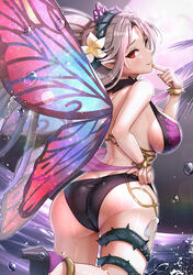  1girls absurdres adjusting_clothes adjusting_swimsuit alternate_costume ass ass_cleavage back back_view bangs bikini black_bikini black_swimsuit blush bracelet breasts butt_crack commentary_request facial_mark fairy fairy_wings female finger_to_mouth fingernails fire_emblem fire_emblem_heroes flower forehead_mark from_behind gonzarez grey_hair hair_flower hair_ornament highres jewelry large_ass large_breasts leg_up lips long_hair looking_back moon naughty_face night nintendo one-piece_swimsuit palm_tree parted_bangs plumeria_(fire_emblem) plumeria_(summer)_(fire_emblem) pointy_ears ponytail red_eyes sandals seductive_smile sideboob simple_background smile solo solo_female sweat sweatdrop swimsuit thigh_strap thighs thorns tied_hair tree water wet wings 