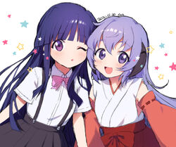  2girls 6sb :d ;o black_skirt blush bow bowtie cheek-to-cheek commentary dated detached_sleeves furude_rika hakama hakama_skirt hanyuu heads_together highres higurashi_no_naku_koro_ni horns japanese_clothes long_hair looking_at_viewer miko multiple_girls one_eye_closed open_mouth pink_bow pink_bowtie purple_eyes purple_hair red_hakama red_sleeves ribbon-trimmed_sleeves ribbon_trim shirt short_sleeves signature simple_background skirt smile star_(symbol) suspender_skirt suspenders upper_body white_background white_shirt wide_sleeves 