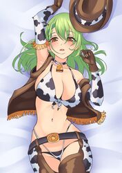  animal_print bell bikini breasts ceres_fauna chaps cleavage cow_print cow_print_bikini cowboy_hat detached_sleeves female gloves green_hair hair_ornament hat highres hololive hololive_english long_hair looking_at_viewer neck_bell pankeiki print_bikini solo swimsuit virtual_youtuber yellow_eyes 