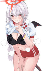  black_bra blue_archive blush bra breasts buruma cleavage demon_tail demon_wings female grey_hair gym_shirt gym_uniform haruna_(blue_archive) haruna_(track)_(blue_archive) highres large_breasts looking_at_viewer navel official_alternate_costume red_buruma red_eyes shirt short_sleeves simple_background single_wing smile solo sweat tail tsumayouji_(tumayog) underwear white_background wings 