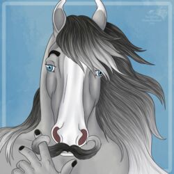  1:1 2022 5_fingers ambiguous_gender anthro blue_eyes digital_media_(artwork) dream_merchant equid equine facial_hair facial_markings fingers hair head_markings horse looking_at_viewer mammal markings moustache multicolored_hair simple_background solo ta&#039;kom_ironhoof two_tone_hair 