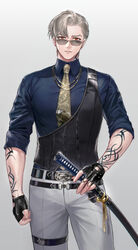  1boy absurdres arm_at_side arm_tattoo belt black_gloves chain_necklace chains chest_guard collared_shirt cowboy_shot earrings facial_mark fingerless_gloves furrowed_brow gloves grey_background grey_pants hand_tattoo highres holding holding_sword holding_weapon hoojiro jewelry katana looking_at_viewer male_focus neck_tattoo necklace necktie pants parted_lips red_eyes sanchoumou shirt short_hair simple_background sleeves_rolled_up smile solo stud_earrings sunglasses sword tattoo thigh_strap touken_ranbu weapon yellow_necktie 