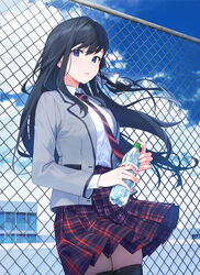  black_hair black_thighhighs blazer bottle bow breasts building chain-link_fence cloud collared_shirt commentary cover cover_image cover_page day female fence grey_jacket hairbow highres holding holding_bottle jacket long_hair long_sleeves looking_at_viewer nagu necktie novel_cover novel_illustration official_art open_clothes open_jacket outdoors parted_lips plaid plaid_skirt red_skirt rooftop school school_uniform shirt shirt_tucked_in skindentation skirt sky solo tareme tenshi_wa_tansan_shika_nomanai thighhighs white_bow white_shirt yuzuki_minato 