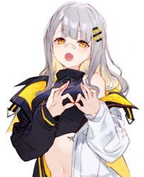  :o bandaid bandaid_on_face bandaid_on_nose bare_shoulders black_shirt breasts commentary_request crop_top fangs female grey_hair hachi_(live_union) hair_ornament izumi_sai jacket live_union long_hair long_sleeves looking_at_viewer medium_breasts midriff mole mole_under_eye multicolored_clothes multicolored_jacket navel off_shoulder open_clothes open_jacket open_mouth orange_eyes shirt simple_background sleeveless sleeveless_shirt solo stomach tattoo two-tone_jacket upper_body virtual_youtuber white_background 