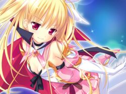  blonde_hair breasts cape cleavage detached_collar elbow_gloves female game_cg gloves hair_ornament himemiya_hiori koku long_hair magical_girl non-web_source official_art pink_skirt red_eyes ribbon skirt small_breasts socks solo stella_exes_codex_~tasogare_no_himekishi~ stellula_eques thighhighs white_ribbon 