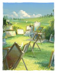  absurdres bird border brown_hair cloud commentary_request dress easel female field grass hand_on_lap highres hill medium_hair morncolour original outdoors painting_(object) scenery sitting solo sparkle tree white_border white_dress 