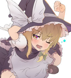  blonde_hair blurry blush bow braid broom depth_of_field dutch_angle female hat hat_bow kirisame_marisa long_hair lower_teeth_only one_eye_closed open_mouth puffy_short_sleeves puffy_sleeves revision shiroi_karasu short_sleeves simple_background solo squeans teeth touhou white_background white_bow witch_hat yawning yellow_eyes 