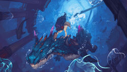  absurdres air_bubble armband bikini black_hair blue_theme bubble clinging female fish flower freediving from_below hair_flower hair_ornament highres horns jellyfish lagiacrus long_hair monster monster_hunter_(series) monster_hunter_stories_2 protagonist_(mhs2) rou_(rou22) ruins saddle shield swimsuit sword underwater weapon white_bikini 