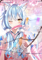  absurdres ahoge animal_ears bell blue_hair blush cat_ears cat_teaser cherry_blossoms daifuku_(yukihana_lamy) elf eyelashes female floral_print food hair_between_eyes hair_ornament hairclip highres holding holding_food hololive japanese_clothes kimono long_hair low_twintails mofu07519 multicolored_hair official_alternate_hairstyle one_eye_closed pointy_ears solo streaked_hair tail tail_bell tail_ornament taiyaki twintails upper_body virtual_youtuber wagashi wind_chime yellow_eyes yukihana_lamy yukihana_lamy_(new_year) 