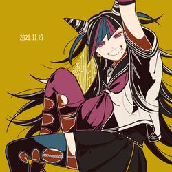  arm_up asymmetrical_legwear black_hair black_sailor_collar black_skirt blue_hair danganronpa_(series) danganronpa_2:_goodbye_despair dated female grey_shirt grin hair_horns jewelry kiri_(2htkz) long_hair mioda_ibuki mismatched_legwear multicolored_hair neckerchief necklace orange_background piercing pink_eyes pink_hair sailor_collar school_uniform serafuku shirt short_sleeves simple_background skirt smile solo stitches teeth thighhighs torn_clothes torn_thighhighs white_hair 