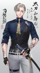  1boy absurdres arm_at_side arm_tattoo belt black_gloves chain_necklace chains chest_guard collared_shirt cowboy_shot earrings facial_mark fingerless_gloves furrowed_brow gloves grey_background grey_pants hand_tattoo highres holding holding_sword holding_weapon hoojiro jewelry katana looking_at_viewer male_focus neck_tattoo necklace necktie pants parted_lips red_eyes sanchoumou shirt short_hair sleeves_rolled_up smile solo stud_earrings sword tattoo thigh_strap touken_ranbu weapon yellow_necktie 