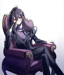  1boy absurdres ahoge alternate_costume armchair black_hair black_jacket chair closed_mouth commentary crossed_legs danganronpa_(series) danganronpa_2:_goodbye_despair elbow_rest feet_out_of_frame formal hair_between_eyes hand_on_own_cheek hand_on_own_face head_rest highres jacket kamukura_izuru long_hair looking_at_viewer male_focus necktie pants red_eyes shirt sitting solo very_long_hair white_background ziling 