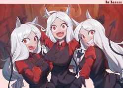  3girls :d ahoge animal_ears apoidea arm_garter arms_up artist_name belt_buckle black_gloves black_vest blush breasts buckle cerberus_(helltaker) collared_shirt demon_girl demon_tail demon_wings dog_ears gloves grin helltaker long_hair long_sleeves looking_at_viewer low-tied_long_hair medium_breasts multiple_girls oerba_yun_fang open_mouth outstretched_hand parted_bangs paw_pose red_eyes red_shirt sanpaku shirt siblings sisters smile tail teeth tongue tongue_out triplets very_long_hair vest waistcoat white_hair wing_collar wings 