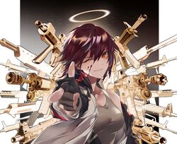  absurdres ak-12 arknights assault_rifle black_gloves blood blood_on_face breasts brown_tank_top bullpup closed_mouth commentary_request elite_ii_(arknights) exusiai_(arknights) female finger_gun fingerless_gloves gloves gun h&amp;k_ump halo highres jacket jiji_(pixiv10646874) kalashnikov_rifle m4_carbine off_shoulder one_eye_closed orange_eyes qbz-97 red_hair rifle saiga-12 short_hair shotgun sks solo steyr_aug submachine_gun tank_top weapon white_jacket 