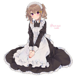  apron bad_id bad_twitter_id black_dress blush bow braid brown_hair closed_mouth collared_dress commentary dress female fingernails frilled_apron frilled_dress frills full_body hair_between_eyes hairbow hands_on_lap highres ikeuchi_tanuma juliet_sleeves long_sleeves looking_at_viewer maid maid_apron maid_headdress original puffy_sleeves purple_eyes red_nails short_hair sidelocks simple_background sitting solo tino_(ikeuchi_tanuma) twintails twitter_username white_apron white_background yellow_bow 