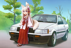  :d animal_ear_fluff animal_ears blush brown_footwear car commentary_request female flower folded_ponytail fox_ears fox_girl fox_tail hair_between_eyes hair_flower hair_ornament hakama hakama_skirt iroha_(iroha_matsurika) japanese_clothes kimono koyoi_(iroha_(iroha_matsurika)) long_hair long_sleeves looking_at_viewer miko motor_vehicle open_mouth original outdoors purple_eyes purple_flower red_hakama sandals skirt sleeves_past_wrists smile socks solo tabi tail toyota toyota_sprinter_trueno tree vehicle_focus very_long_hair white_hair white_kimono white_socks wide_sleeves zouri 