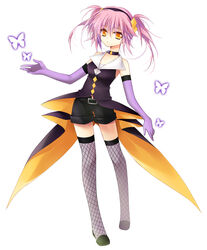  asti belt black_belt black_choker black_headband black_shirt black_shorts bug butterfly choker closed_mouth cosplay dark_jewel dark_jewel_(cosplay) diamond_hair_ornament female fishnet_thighhighs fishnets full_body gloves headband highres hinamori_amu looking_at_viewer orange_eyes pink_hair purple_gloves shirt shorts shugo_chara! solo thighhighs twintails white_background 