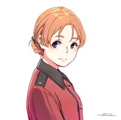  braid brown_hair closed_mouth commentary_request dated female from_side girls_und_panzer horikou jacket looking_at_viewer looking_to_the_side one-hour_drawing_challenge orange_pekoe_(girls_und_panzer) purple_eyes red_jacket signature simple_background smile solo upper_body white_background 