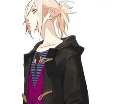  1boy alternate_costume bishounen black_hoodie blue_eyes collarbone expressionless fate/apocrypha fate/extella fate/extra fate/grand_order fate_(series) from_side hair_between_eyes hood hood_down hoodie karna_(fate) long_sleeves looking_up makeup male_focus no_earrings pako_(pakosun) pale_skin ponytail short_hair solo upper_body vest white_background white_hair 