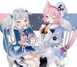  2girls animal_ears asymmetrical_legwear black_ribbon bloop_(gawr_gura) blue_coat blue_eyes blue_hair blue_hoodie bubble_tea cat_ears cat_girl cat_tail chair coat commission crossed_legs cup drinking_straw fins fish_tail fur-trimmed_coat fur_collar fur_hat fur_trim gawr_gura gawr_gura_(1st_costume) hand_on_own_chin hat highres holding holding_cup hololive hololive_english hood hoodie long_hair md5_mismatch medium_hair mismatched_legwear multicolored_hair multiple_girls nyatasha_nyanners nyatasha_nyanners_(2nd_costume) one_eye_closed open_mouth pink_hair purple_eyes ribbon shark_girl shark_tail sharp_teeth shoes short_hair sitting skeb_commission sorani_(kaeru0768) streaked_hair table tail teeth thighhighs two_side_up ushanka virtual_youtuber vshojo 