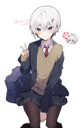  1boy arm_between_legs bag blue_bag blush closed_mouth crossdressing ear_piercing earrings eyes_visible_through_hair fingernails grey_background grey_hair grey_skirt hair_between_eyes hair_ornament hairclip highres ikeuchi_tanuma invisible_chair jewelry male_focus necktie open_mouth original otoko_no_ko piercing plaid plaid_skirt purple_eyes red_nails red_necktie rudy_(ikeuchi_tanuma) school_bag school_uniform short_hair simple_background sitting skirt sleeves_past_wrists smile solo twitter_username uniform w white_background 