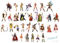  2boys 3girls absurdres arabian_clothes armor arrow_(projectile) axe bard_(final_fantasy) bartz_klauser beastmaster_(final_fantasy) bell berserker_(final_fantasy) black_leotard black_mage_(final_fantasy) blue_leotard blue_mage_(final_fantasy) bow bow_(weapon) cannoneer_(final_fantasy) casting_spell chemist_(final_fantasy) copyright_name dancer_(final_fantasy) dated dragoon_(final_fantasy) faris_scherwiz final_fantasy final_fantasy_5 galuf_halm_baldesion geomancer_(final_fantasy) gladiator_(final_fantasy) harp hat highres holding holding_axe holding_bell holding_bow_(weapon) holding_instrument holding_staff holding_weapon holding_whip instrument knight_(final_fantasy) komugiko_no_mori krile_mayer_baldesion_(ff5) lenna_charlotte_tycoon leotard mage_staff magic mask mime_(final_fantasy) monk_(final_fantasy) mouth_mask multiple_boys multiple_girls mystic_knight necromancer_(final_fantasy) ninja_(final_fantasy) oracle_(ff5) pauldrons pink_leotard polearm ranger_(final_fantasy) red_mage_(final_fantasy) robe samurai_(final_fantasy) shield shoulder_armor signature spear staff summoner_(final_fantasy) summoning sword thief_(final_fantasy) time_mage weapon whip white_mage_(final_fantasy) white_robe 