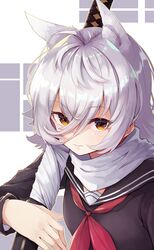  animal_ears azur_lane black_sailor_collar black_serafuku brown_eyes closed_mouth commentary_request female hair_between_eyes highres katana long_hair looking_at_viewer maya_(azur_lane) md5_mismatch miimu_(nelreg3) neckerchief red_neckerchief resolution_mismatch sailor_collar scarf school_uniform serafuku solo source_smaller sword upper_body weapon white_hair white_scarf 