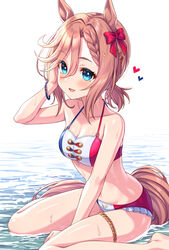  :d animal_ears bare_arms bare_shoulders bikini blue_eyes blush bow braid braided_bangs breasts brown_hair cleavage collarbone commentary_request female french_flag_bikini frilled_bikini frills hair_between_eyes hairbow hand_up heart highres horse_ears horse_girl horse_tail looking_at_viewer low_twintails medium_breasts red_bow shallow_water short_twintails sitting smile solo swimsuit tail tomo_(tmtm_mf_mf) twintails umamusume venus_paques_(umamusume) wariza water wet white_background 