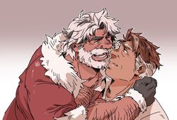  2boys almond_cookie arm_around_shoulder arm_hair bara beard blue_eyes brown_hair chest_hair cookie_run couple dark-skinned_male dark_skin eggnog_cookie eye_contact facial_hair gamubear humanization imminent_kiss leaning_on_person looking_at_another male_focus mature_male moustache multicolored_hair multiple_boys muscular muscular_male old old_man pectoral_cleavage pectorals santa_costume short_hair sideburns smile thick_eyebrows two-tone_hair upper_body white_hair wrinkled_skin yaoi 