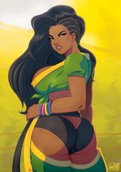  ass ass_cutout asymmetrical_hair baggy_pants bracelet breasts capri_pants clothing_cutout cornrows crop_top dark-skinned_female dark_skin female from_behind front-tie_top hand_on_hip jewelry large_breasts laura_matsuda lips long_hair midriff pants smile standing street_fighter tovio_rogers turning_head wavy_hair 