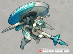  blue-tinted_eyewear blue_theme bodysuit english_commentary fake_horns female flying goggles grey_background gun helmet highres holding holding_gun holding_weapon horned_helmet horns mecha_musume mechanical_wings original radar_dish science_fiction single_horn solo tinted_eyewear weapon web_address wings xaxaxa 