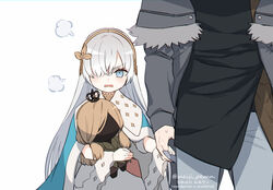  1boy aged_down anastasia_(fate) blue_cape blue_cloak brown_hairband brown_ribbon cape cloak doll fate/grand_order fate_(series) female fur-trimmed_jacket fur_trim hair_over_one_eye hairband hand_grab holding holding_doll jacket kadoc_zemlupus long_hair long_sleeves looking_at_another looking_at_viewer meiji_ken out_of_frame ribbon royal_robe viy_(fate) white_hair yellow_hairband 