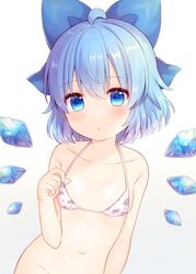  :o ahoge animal_print bare_shoulders bikini blue_bow blue_eyes blue_hair blush bow breasts cirno coa_(chroo_x) collarbone commentary_request cow_print female ice ice_wings looking_at_viewer navel short_hair simple_background small_breasts solo swimsuit touhou upper_body white_background wings 