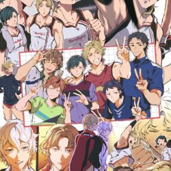  6+boys \m/ badminton_racket black_hair blonde_hair brown_eyes brown_hair green_hair highres hinoe_(right-hnxx03) izumo_naohiro male_focus miyasumi_tatsuru multiple_boys multiple_views pose purple_eyes racket ryman&#039;s_club saeki_souta saeki_touya shiratori_mikoto_(ryman&#039;s_club) short_hair short_sleeves sportswear standing takeda_kouki toned toned_male towel towel_around_neck usuyama_toworu v white_hair 