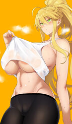  ahoge artoria_pendragon_(fate) artoria_pendragon_(swimsuit_ruler)_(fate) blonde_hair blush braid breasts duplicate fate/grand_order fate_(series) female french_braid green_eyes hair_between_eyes large_breasts long_hair looking_at_viewer navel pixel-perfect_duplicate ponytail sideboob sidelocks soba_(saz) solo stomach sweat thighs underboob 